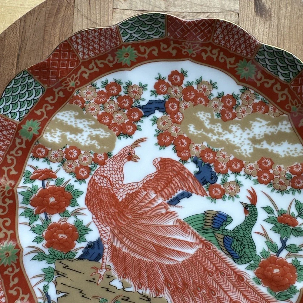 Imari Japanese Salad Plate 7 Inch Orange Green Gold Peacock Scallop Edge Signed
